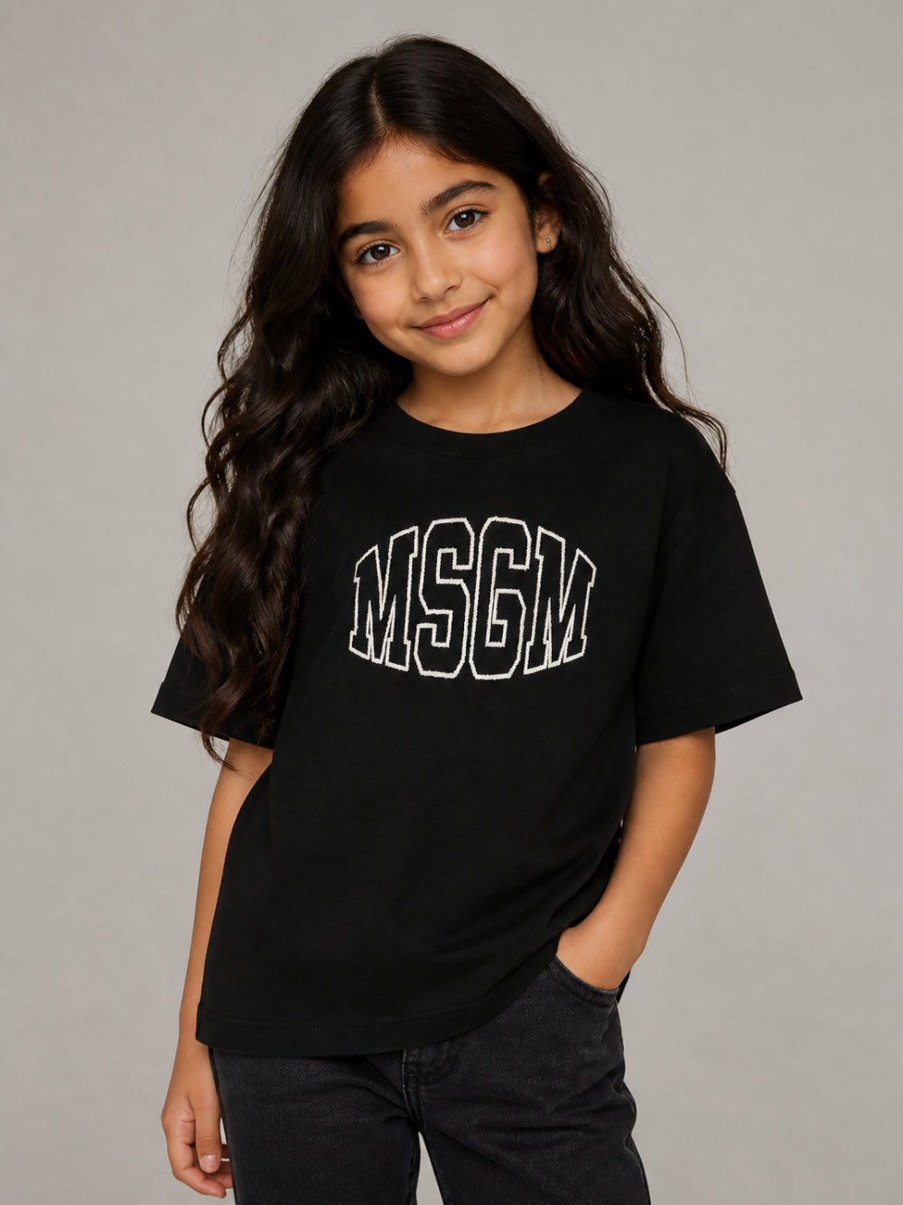 T-shirt per bambini MSGM Kids nera con logo ricamato F6MSJUTH038 110 MSGM KIDS 