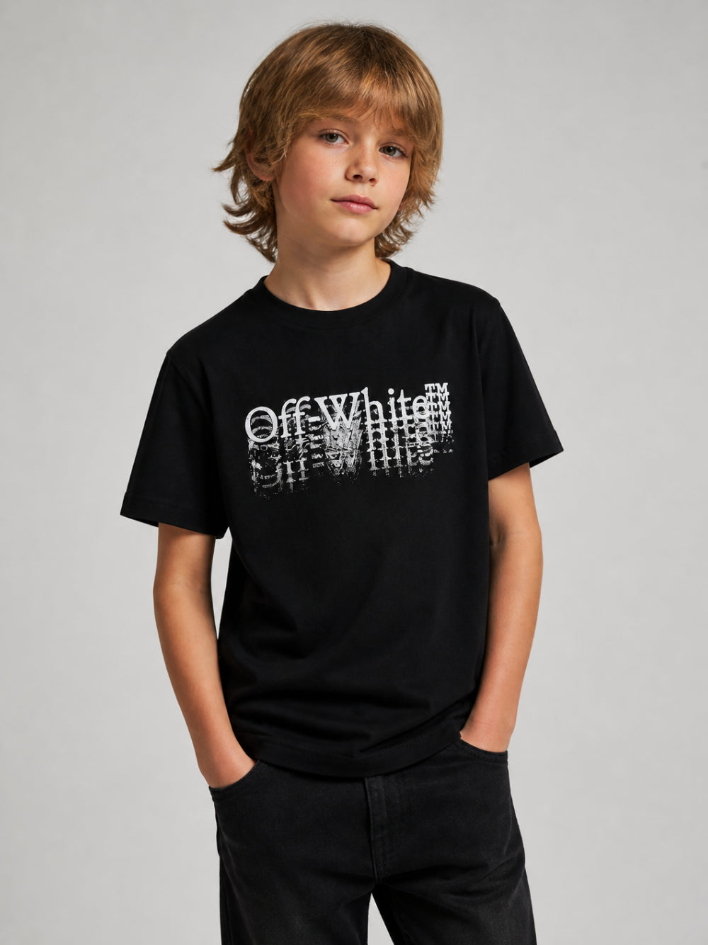 T-shirt per bambini Off-White Kids nera con logo sfocato 44BAA002F26J001 BLACK OFF WHITE KIDS 