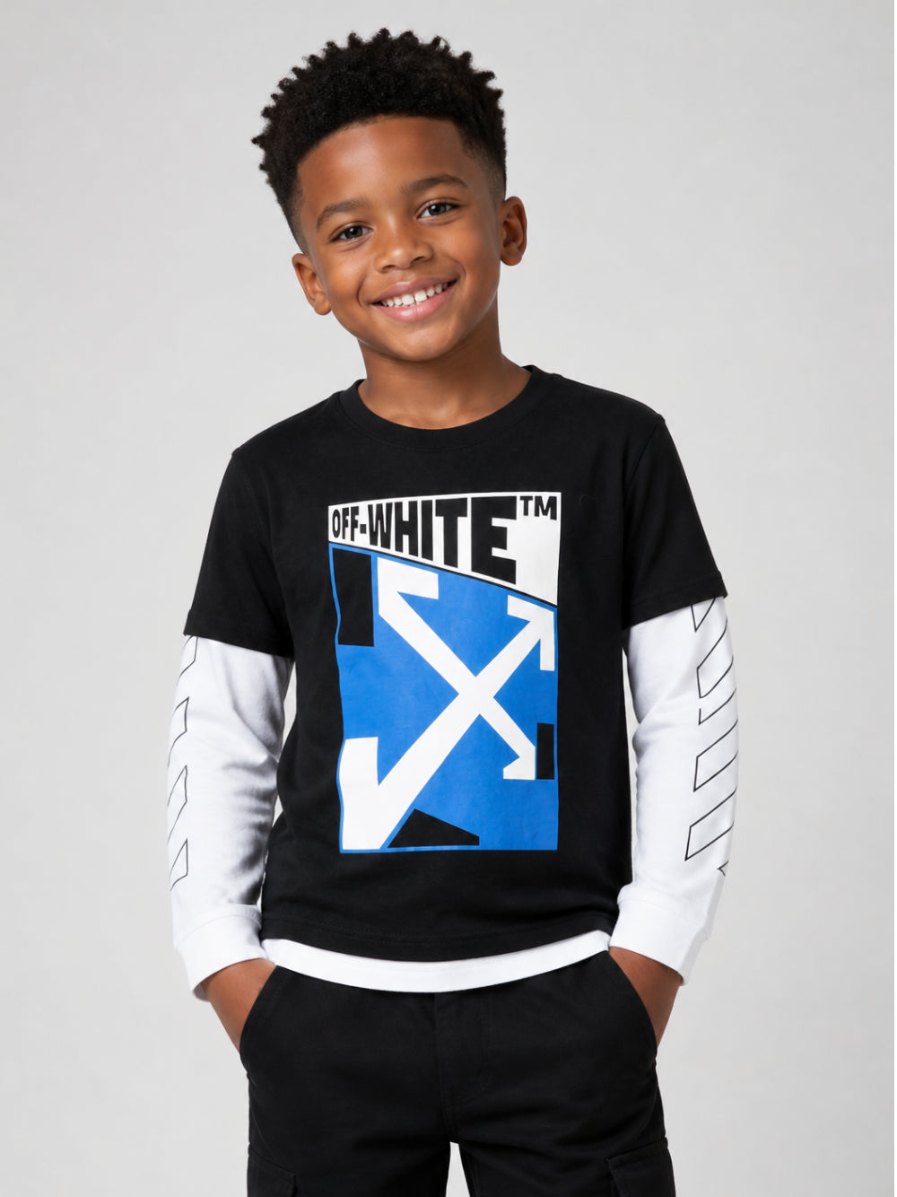 T-shirt per bambino Off White Kids nera con maniche a contrasto 44BAB005F26J002 BLACK OFF WHITE KIDS 