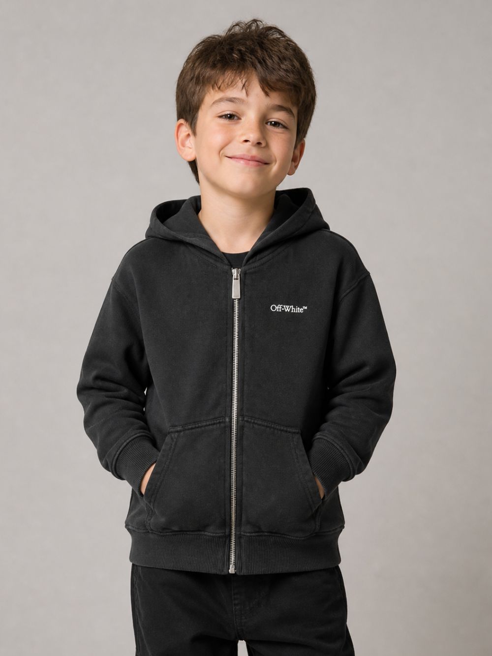 Felpa per bambino Off White Kids nera con chiusura frontale con zip 44BBE001F26F004 BLACK OFF WHITE KIDS 