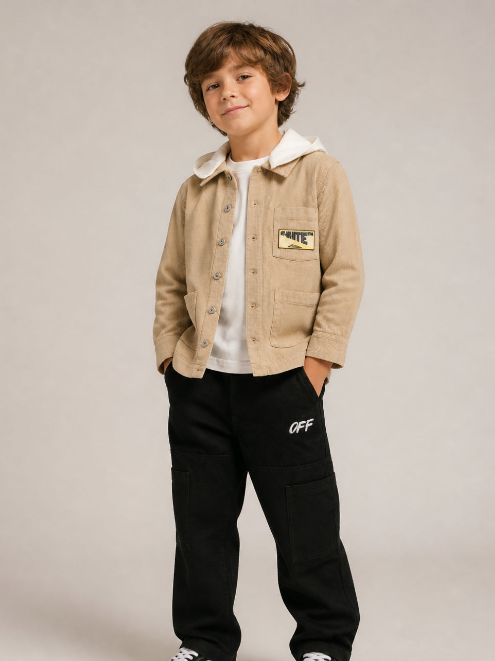 Giacca in velluto per bambino Off-White Kids beige con cappuccio 44BES002F26F001 CORNSTALK OFF WHITE KIDS 