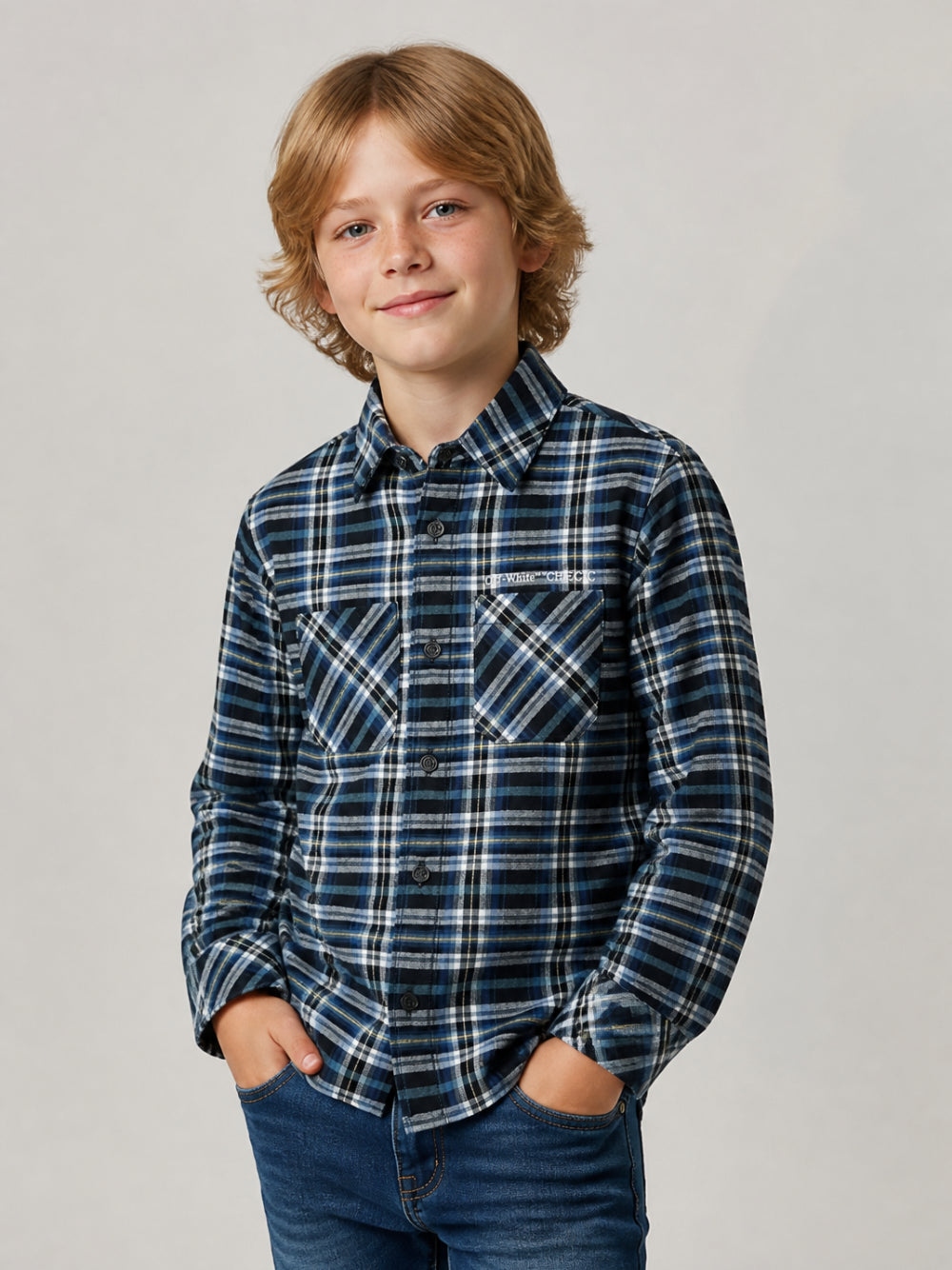Camicia per bambino Off White Kids blu con motivo a quadri 44BGE007F26F001 BLUE NIGTHS OFF WHITE KIDS 