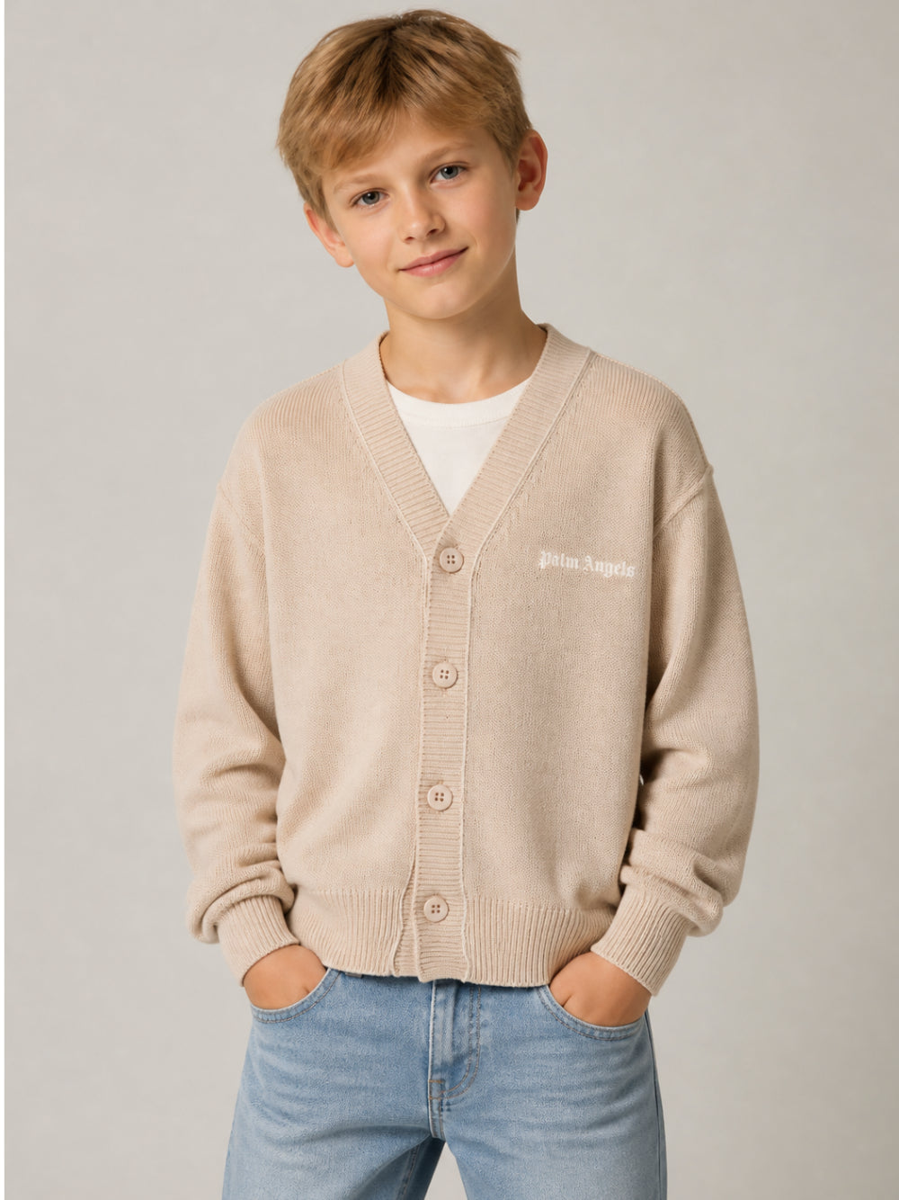Cardigan per bambino Palm Angels KIds beige con logo ricamato sul davanti F6PAJBCA150 1531 PALM ANGELS KIDS 