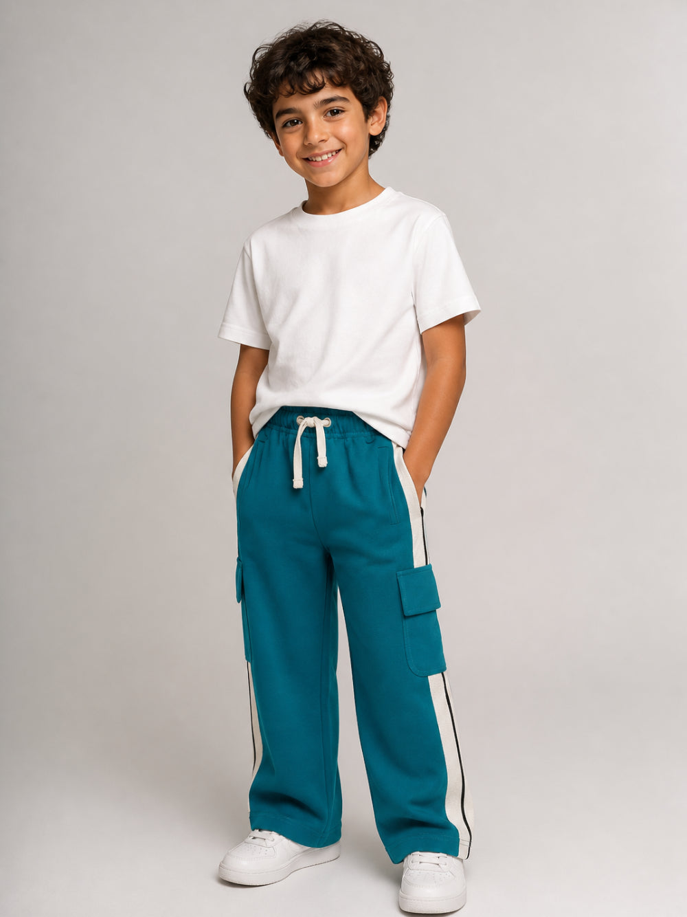 Pantaloni cargo per bambino Palm Angels Kids blu petrolio con dettaglio striscia laterale F6PAJBFP020 1527 PALM ANGELS KIDS 