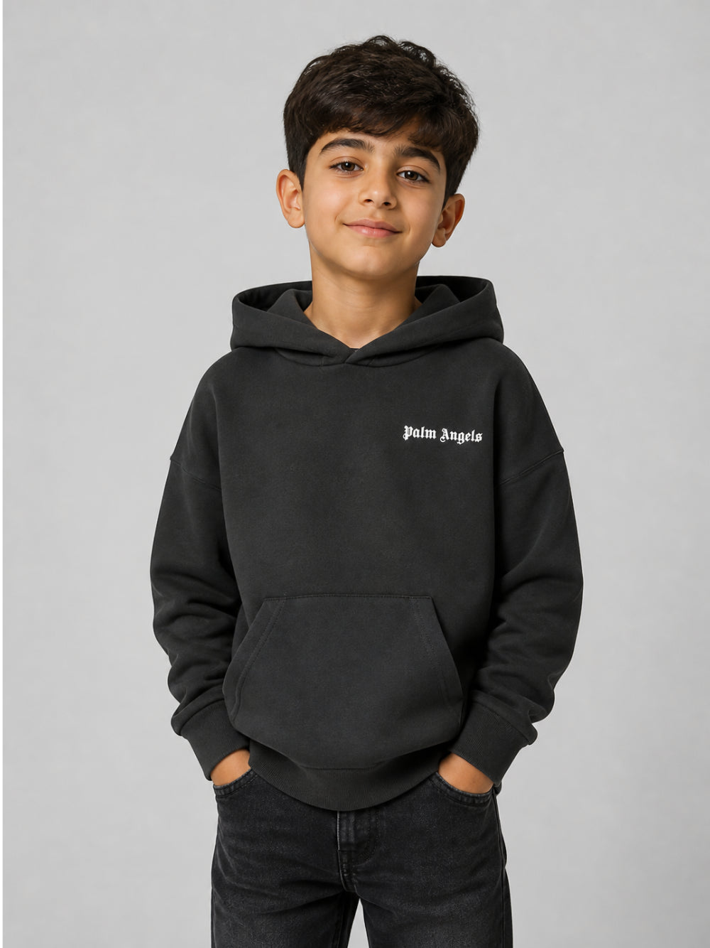 Felpa per bambino Palm Angels Kids nera con logo stampato sul davanti F6PAJBHS011 110 PALM ANGELS KIDS 