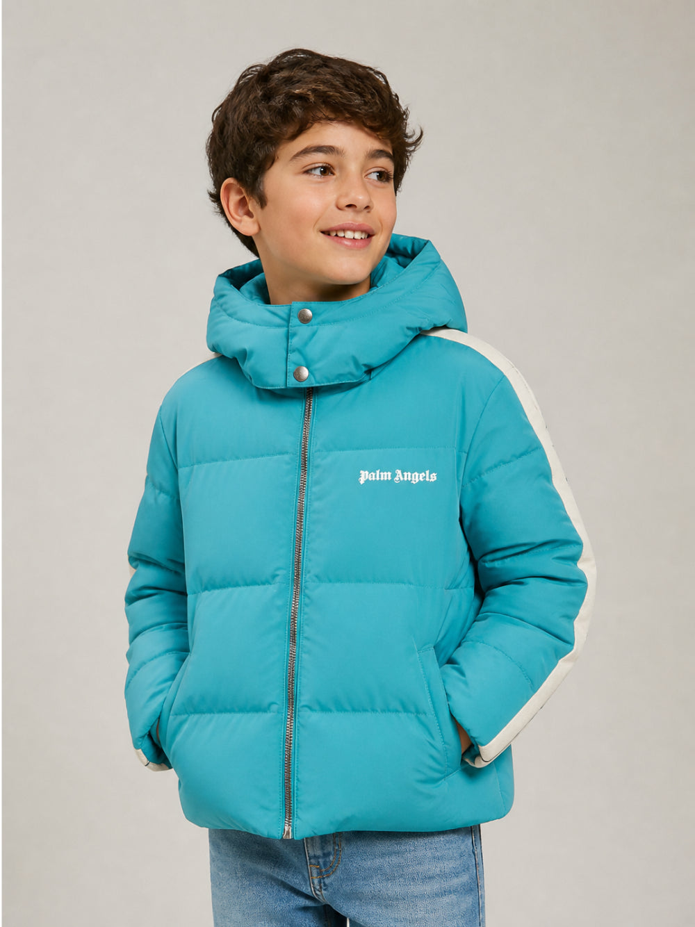 Giubbino per bambino Palm Angels Kids turchese con stampa logo F6PAJBPF005 1527 PALM ANGELS KIDS 
