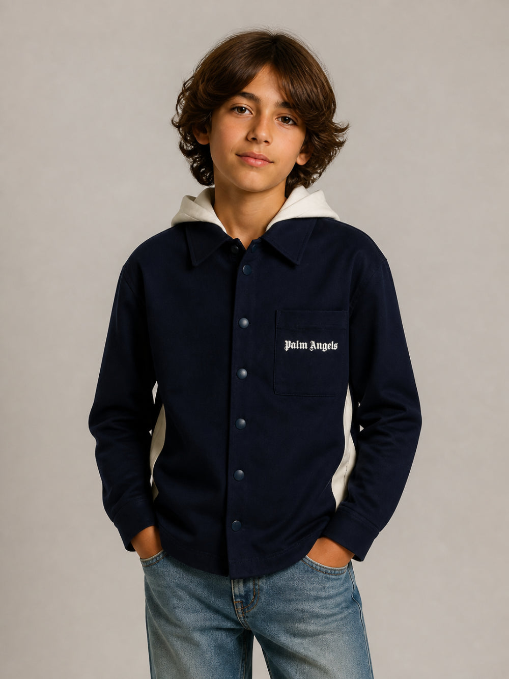 Camicia per bambino Palm Angels Kids blu con stampa logo sul petto F6PAJBSI021 1528 PALM ANGELS KIDS 