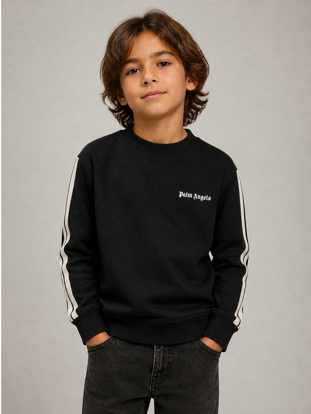 Felpa per bambini Palm Angels Kids nera con stampa logo sul davanti F6PAJBSW025 110 PALM ANGELS KIDS 