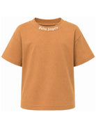 T-shirt per bambino Palm Angels Kids marrone con stampa logo sul girocollo F6PAJBTH012 1531 PALM ANGELS KIDS 