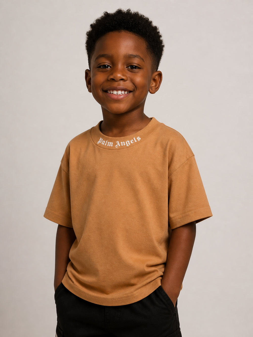 T-shirt per bambino Palm Angels Kids marrone con stampa logo sul girocollo F6PAJBTH012 1531 PALM ANGELS KIDS 