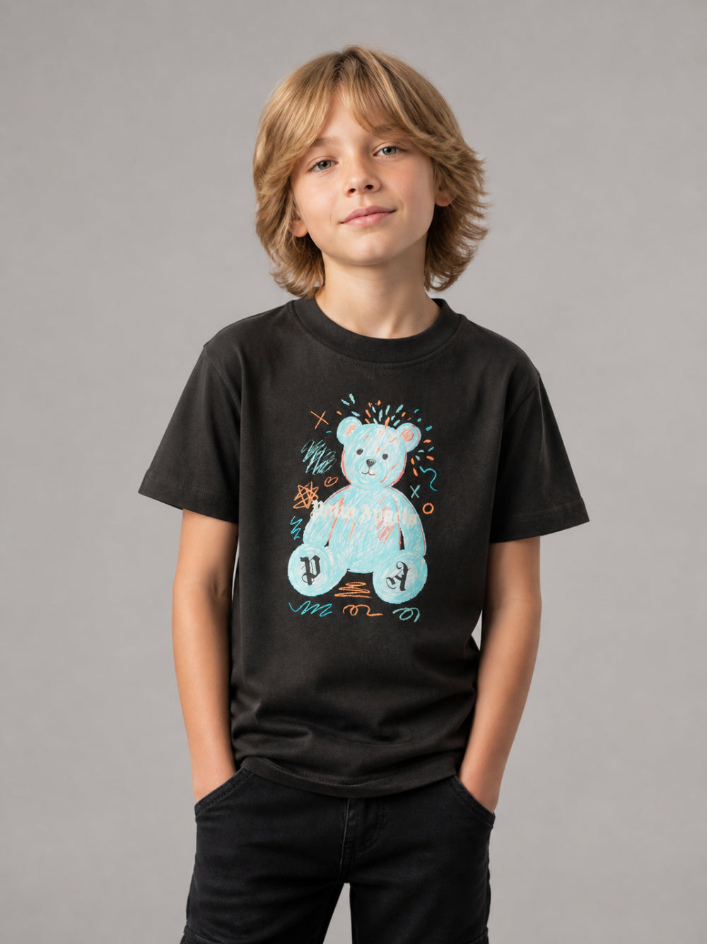 T-shirt per bambini Palm Angels Kids nera con stampa orsetto sul davanti F6PAJBTH103 110 PALM ANGELS KIDS 