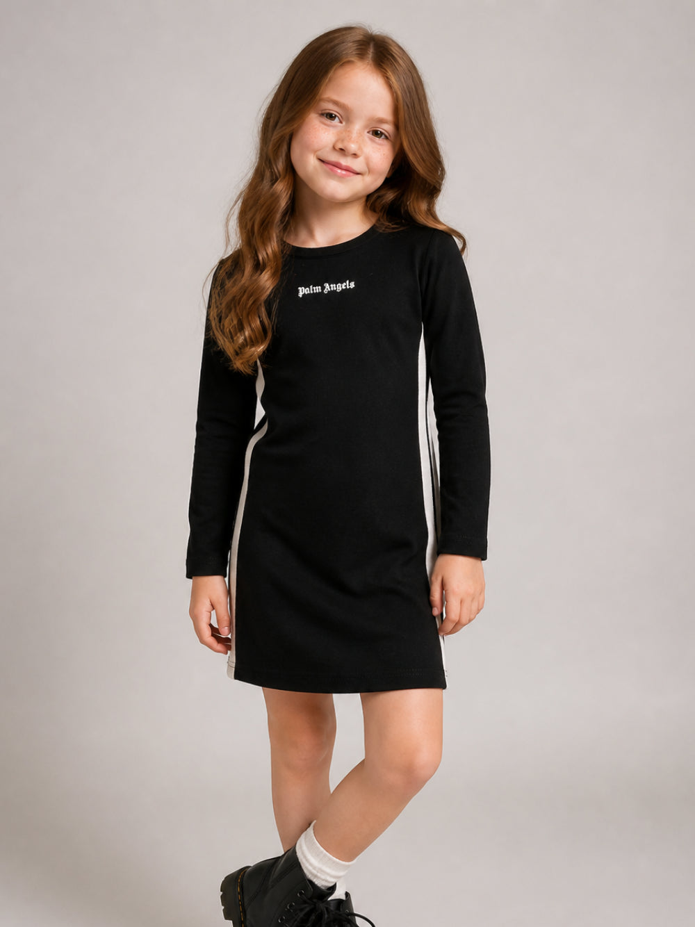 Abito per bambina Palm Angels Kids nero con stampa logo sul davanti F6PAJGDR041 110 PALM ANGELS KIDS 
