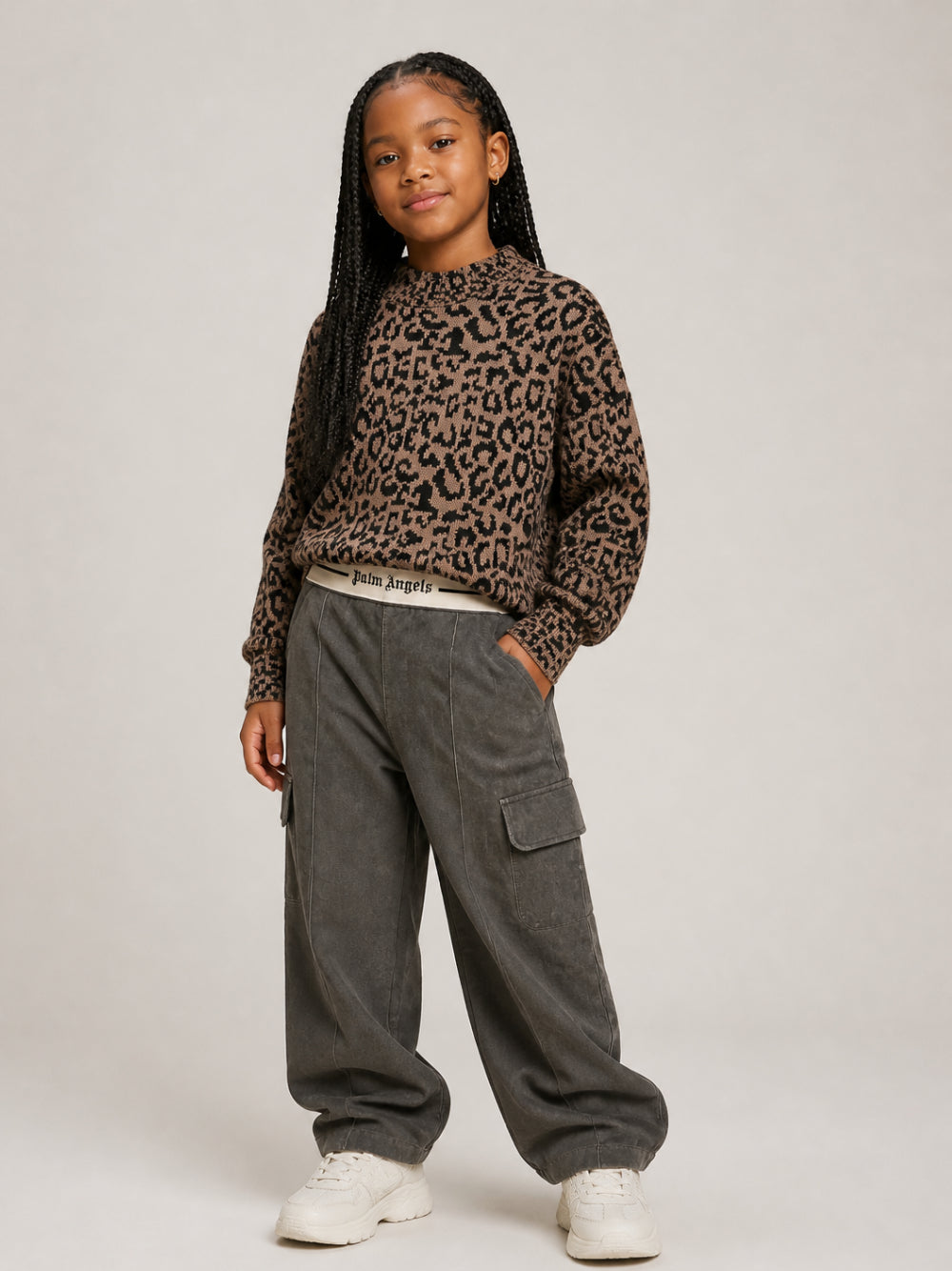 Pantaloni cargo per bambina Palm Angels Kids grigi con vita logo F6PAJGPA138 110 PALM ANGELS KIDS 