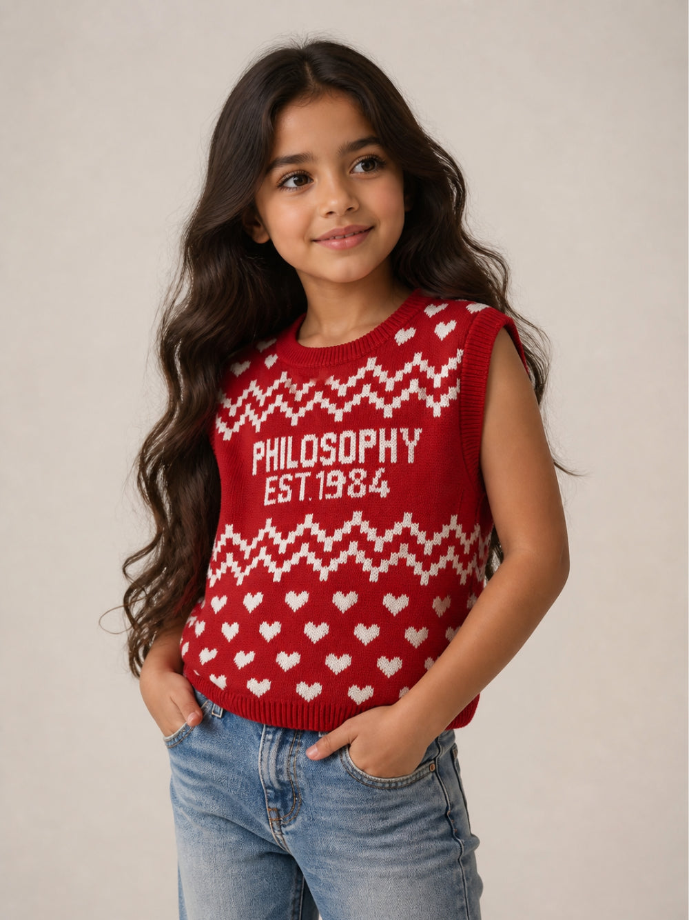 Gilet per bambina Philosophy di Lorenzo Serafini Kids rosso con motivo a cuori I9H308 8715 0043 PHILOSOPHY KIDS 