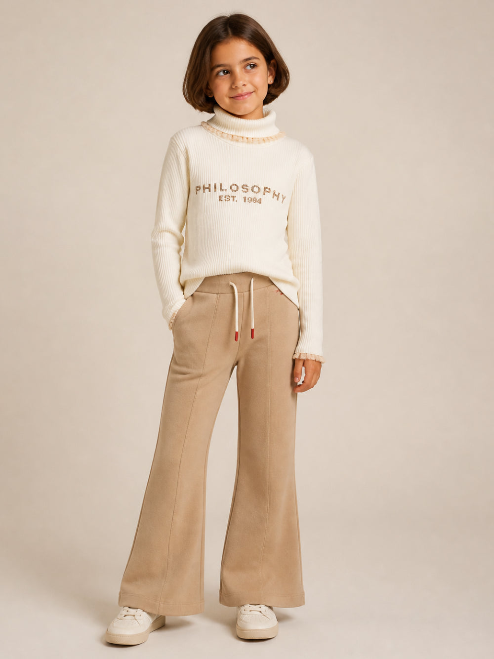 Pantaloni per bambina Philosophy di Lorenzo Serafini Kids beige con stampa con logo sul davanti I9H405 8053 0003 PHILOSOPHY KIDS 