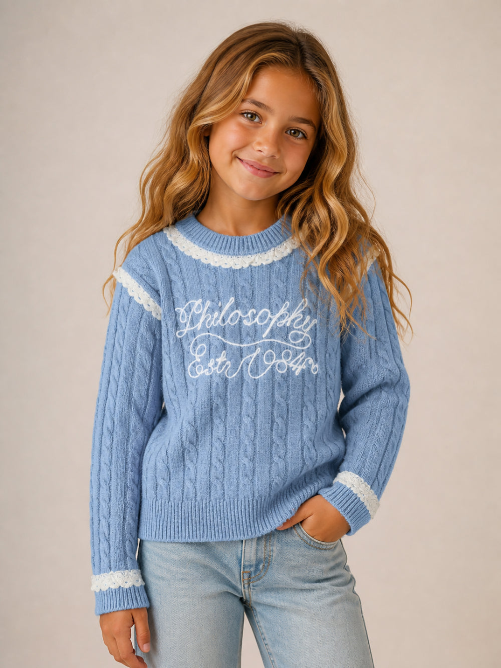 Maglione per bambina Philosophy di Lorenzo Serafini Kids azzurro con finitura in pizzo I9H612 8716 0052 PHILOSOPHY KIDS 