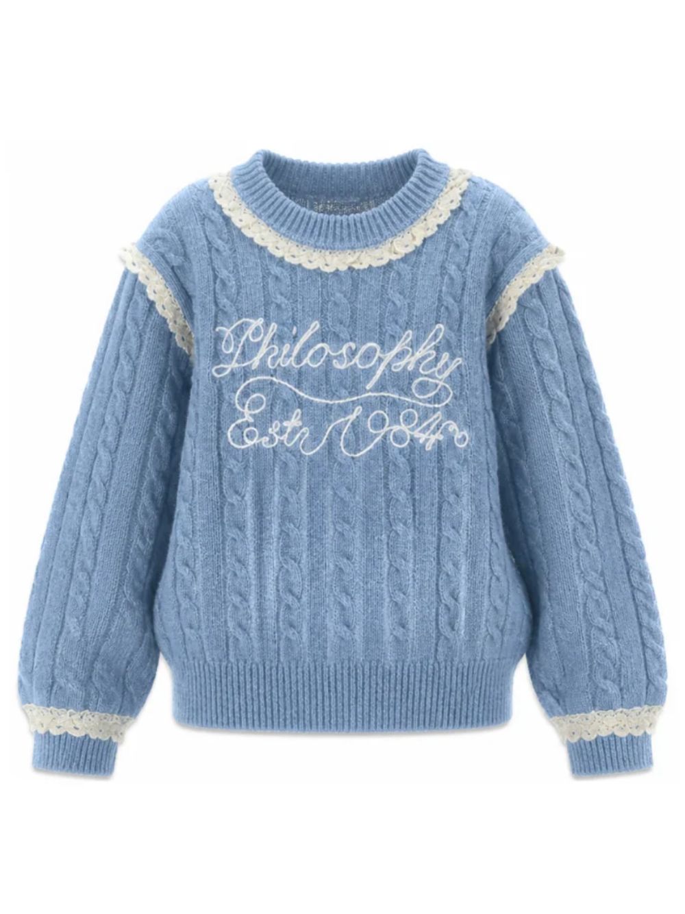 Maglione per bambina Philosophy di Lorenzo Serafini Kids azzurro con finitura in pizzo I9H612 8716 0052 PHILOSOPHY KIDS 