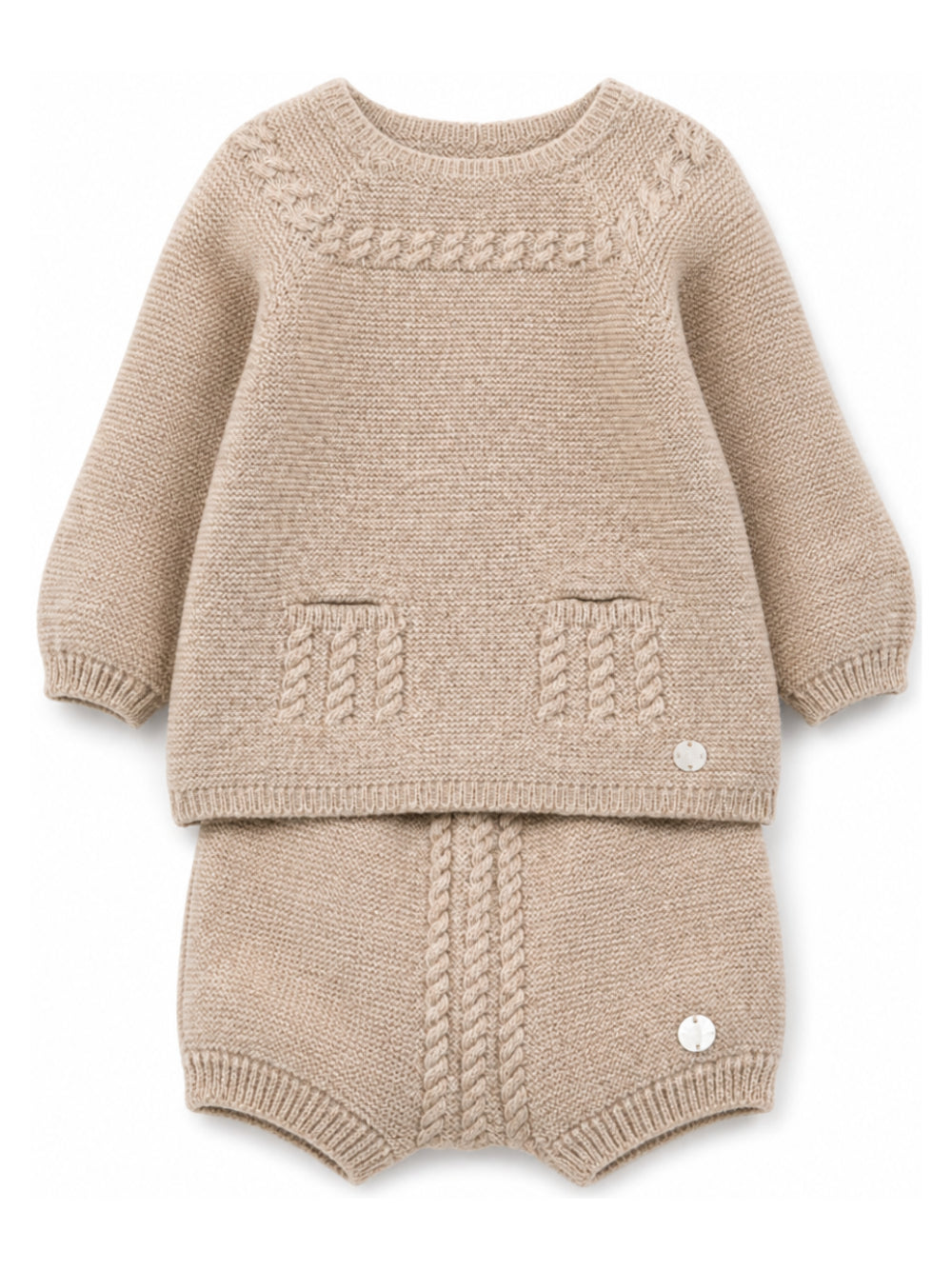 Completo maglione e pantaloncini per neonato Paz Rodriguez Kids beige con trecce ricamate 114171 114172 68 PaZ RODRIGUEZ KIDS 