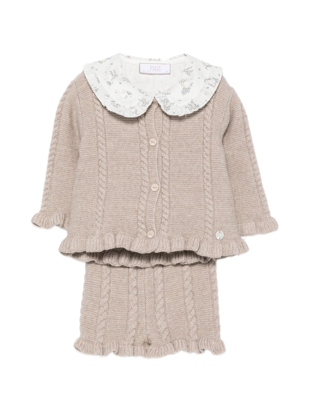 Completo maglione camicia e pantaloncini per neonata Paz Rodriguez Kids beige con stampa grafica cigno 114175 154177 114176 68 PaZ RODRIGUEZ KIDS 