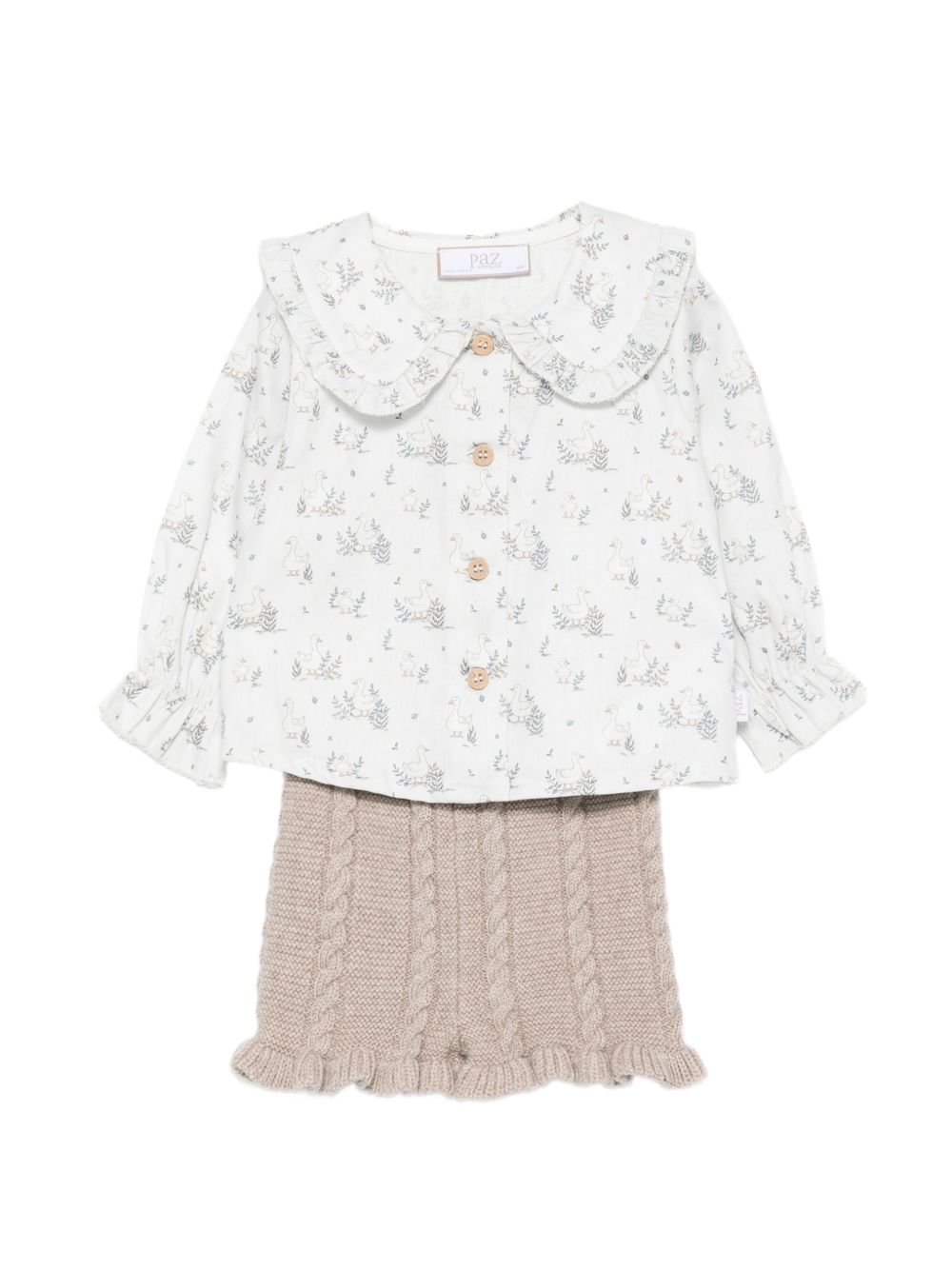 Completo maglione camicia e pantaloncini per neonata Paz Rodriguez Kids beige con stampa grafica cigno 114175 154177 114176 68 PaZ RODRIGUEZ KIDS 
