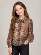 Camicia per bambina Roberto Cavalli Kids marrone con stampa animalier all-over CGA26014CA GIAGUARO NATURALE ROBERTO CAVALLI KIDS 