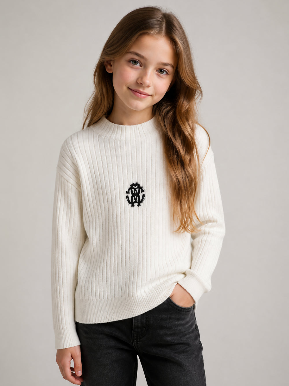 Maglione per bambina Roberto Cavalli Junior bianco crema con logo ricamato sul davanti CGA26101MA AVORIO CANNOLI CREAM ROBERTO CAVALLI KIDS 