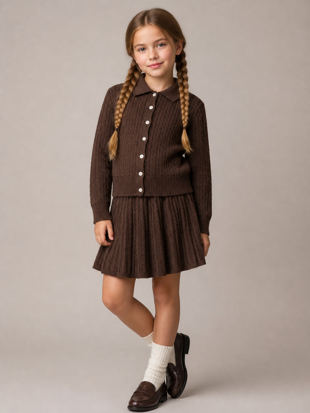 Completo cardigan e gonna per bambina Polo Ralph Lauren Kids marrone con motivo a trecce 312950779 BROWN Ralph Lauren kids 