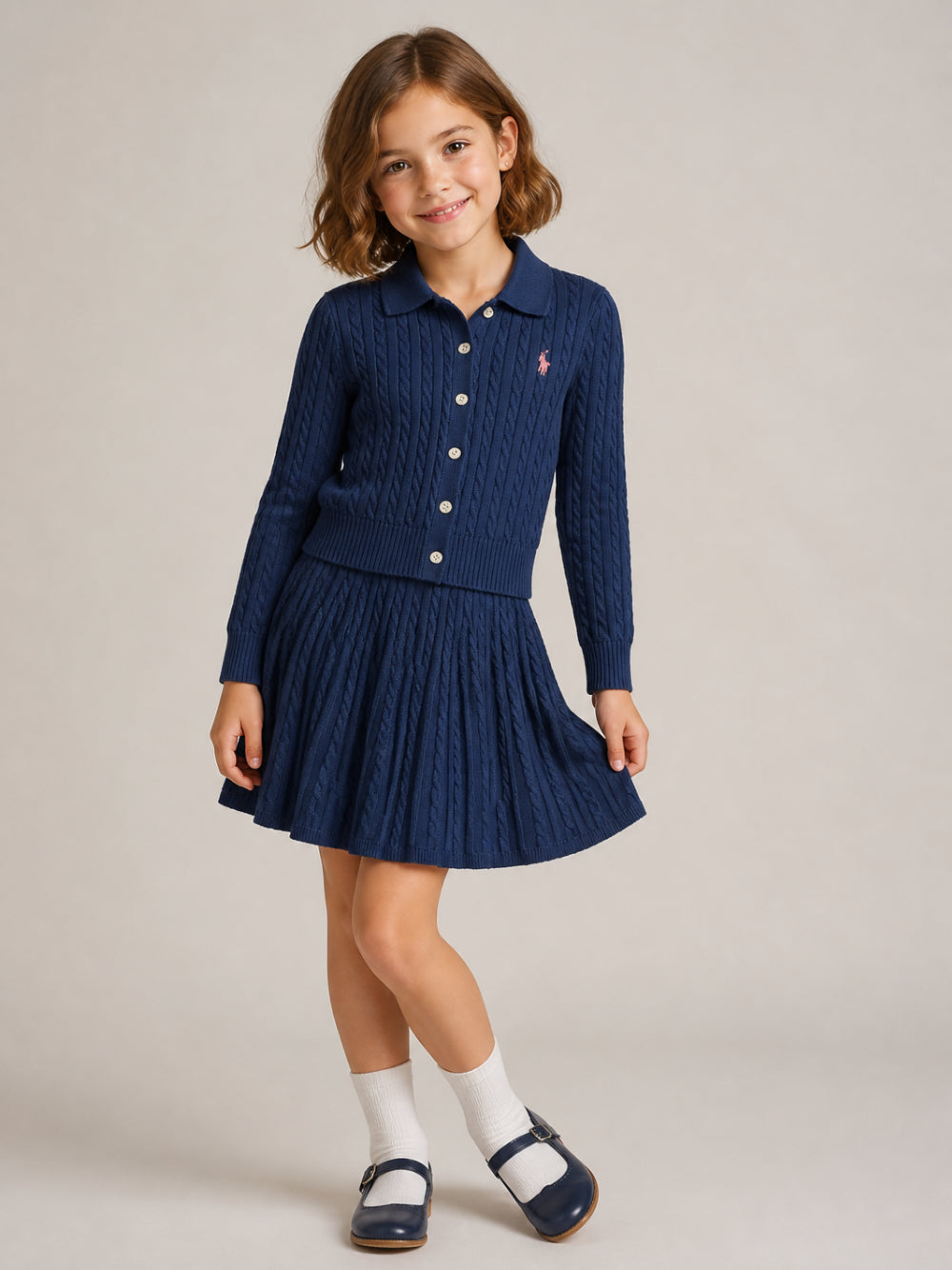 Completo cardigan e gonna per bambina Polo Ralph Lauren Kids blu con motivo a trecce 312950779 NAVY Ralph Lauren kids 