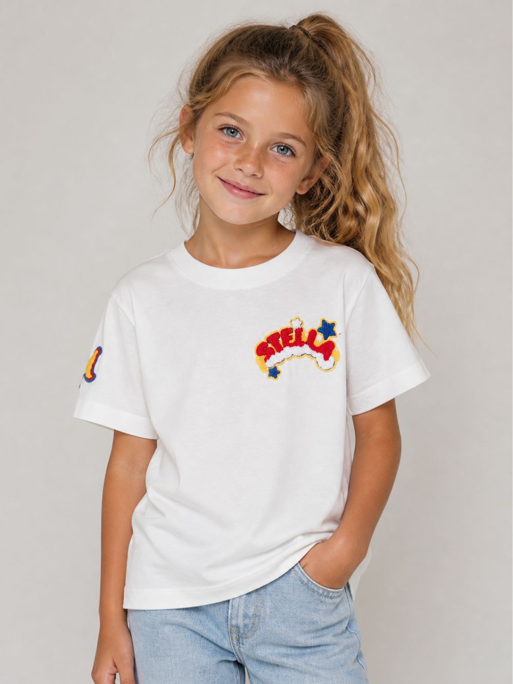 T-shirt per bambini Stella McCartney Kids bianca con patch logo TZ8A81 Z3772 101 STELLA McCARTNEY KIDS 