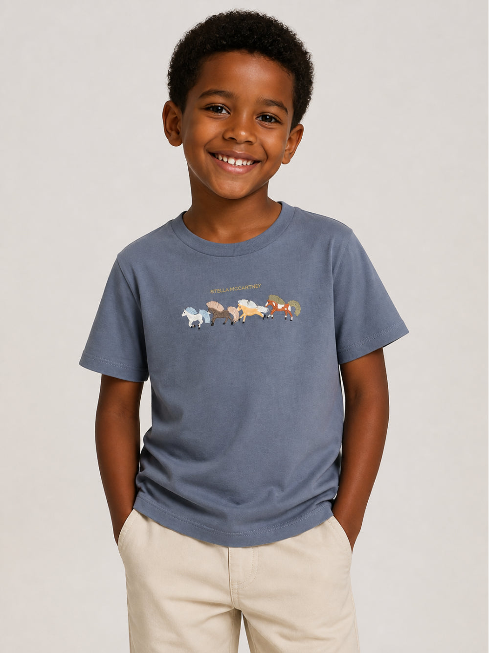 T-shirt per bambino Stella McCartney Kids blu con stampa grafica cavalli TZ8P81 Z3772 657 STELLA McCARTNEY KIDS 