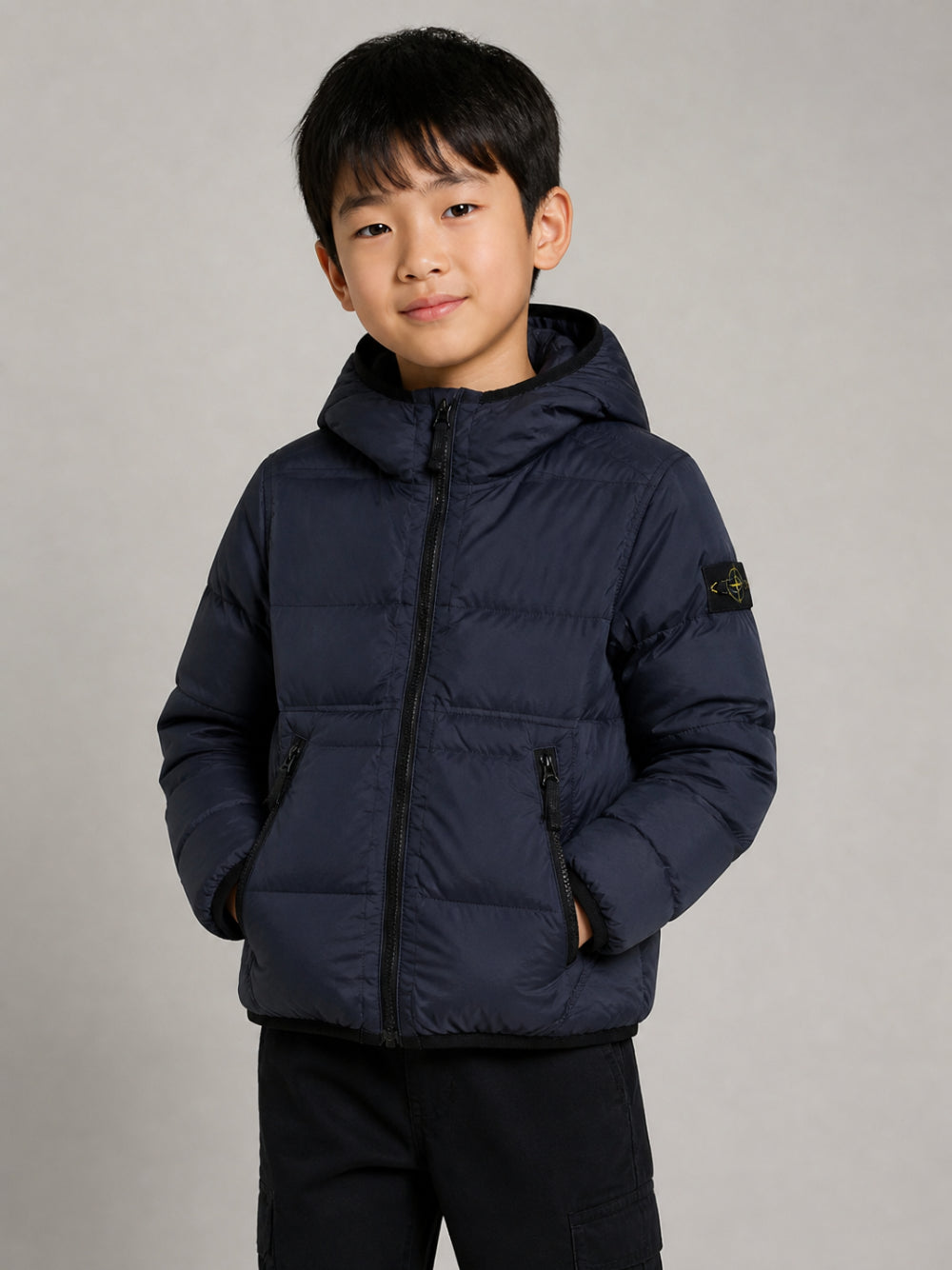 Piumino per bambino Stone Island Kids blu con cappuccio e applicazione Compass L2S164100004S0028 V0020 STONE ISLAND KIDS 