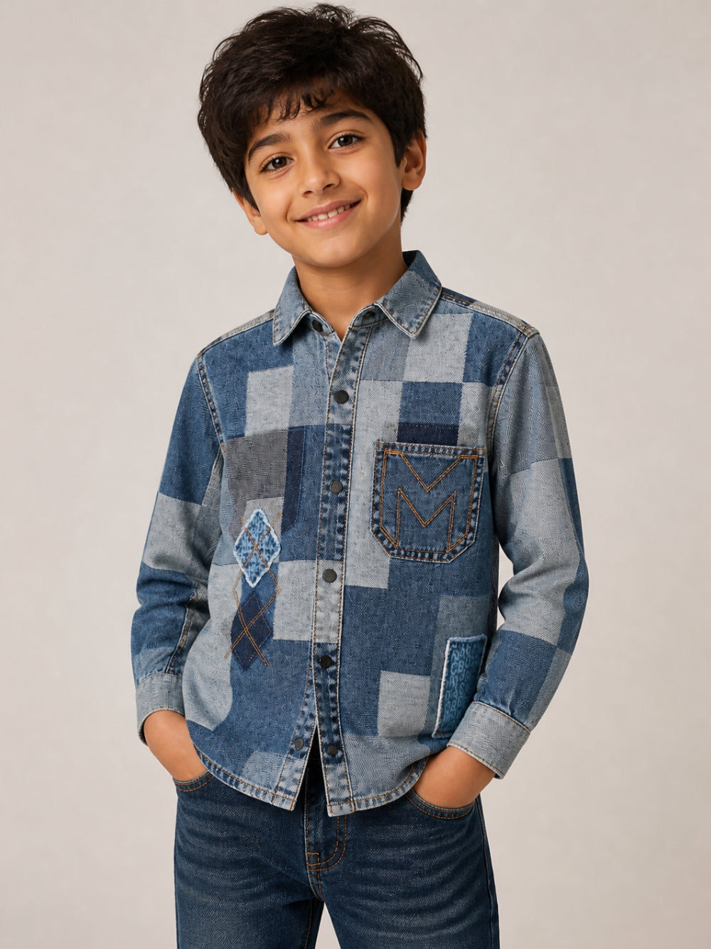 Camicia per bambino The Marc Jacobs Kids blu con design patchwork W61047 Z10 THE MARC JACOBS KIDS 