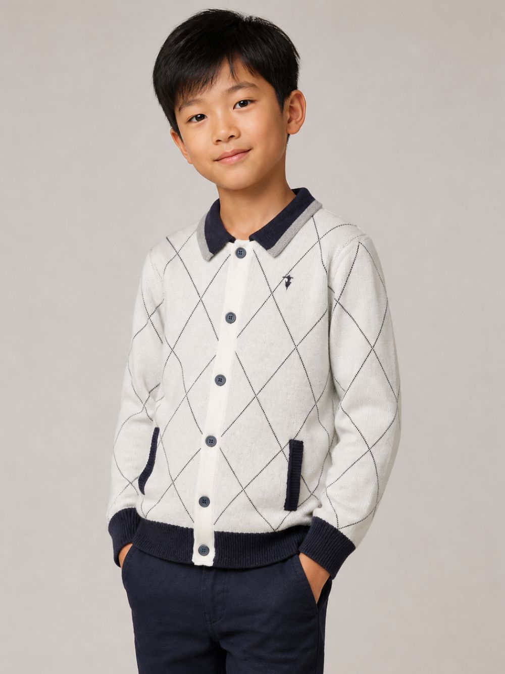 Cardigan per bambino Trussardi Junior bianco con motivo a rombi TBA26028CD OFF-WHITE TRUSSARDI KIDS 