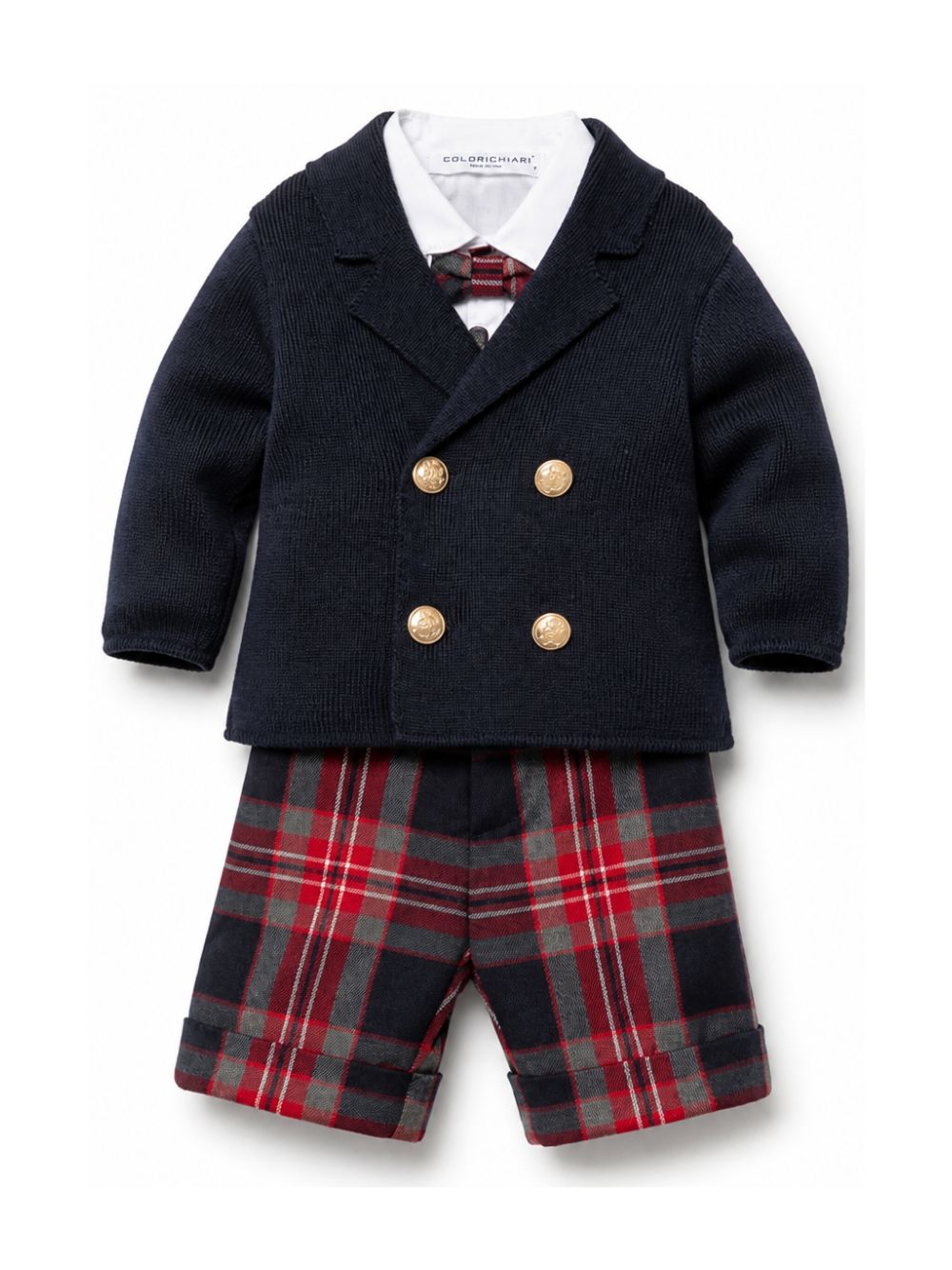 Set camicia cardigan salopette e papillon per neonato Colorichiari multicolore con stampa tartan MN408706 4997a 70 COLORICHIARI KIDS 
