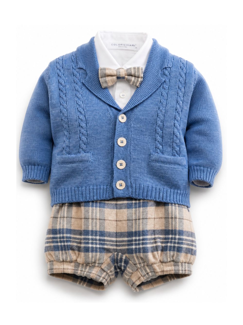 Set cardigan camicia shorts e papillon per neonato Colorichiari azzurro con design a quadri MN408713 5008 64 COLORICHIARI KIDS 