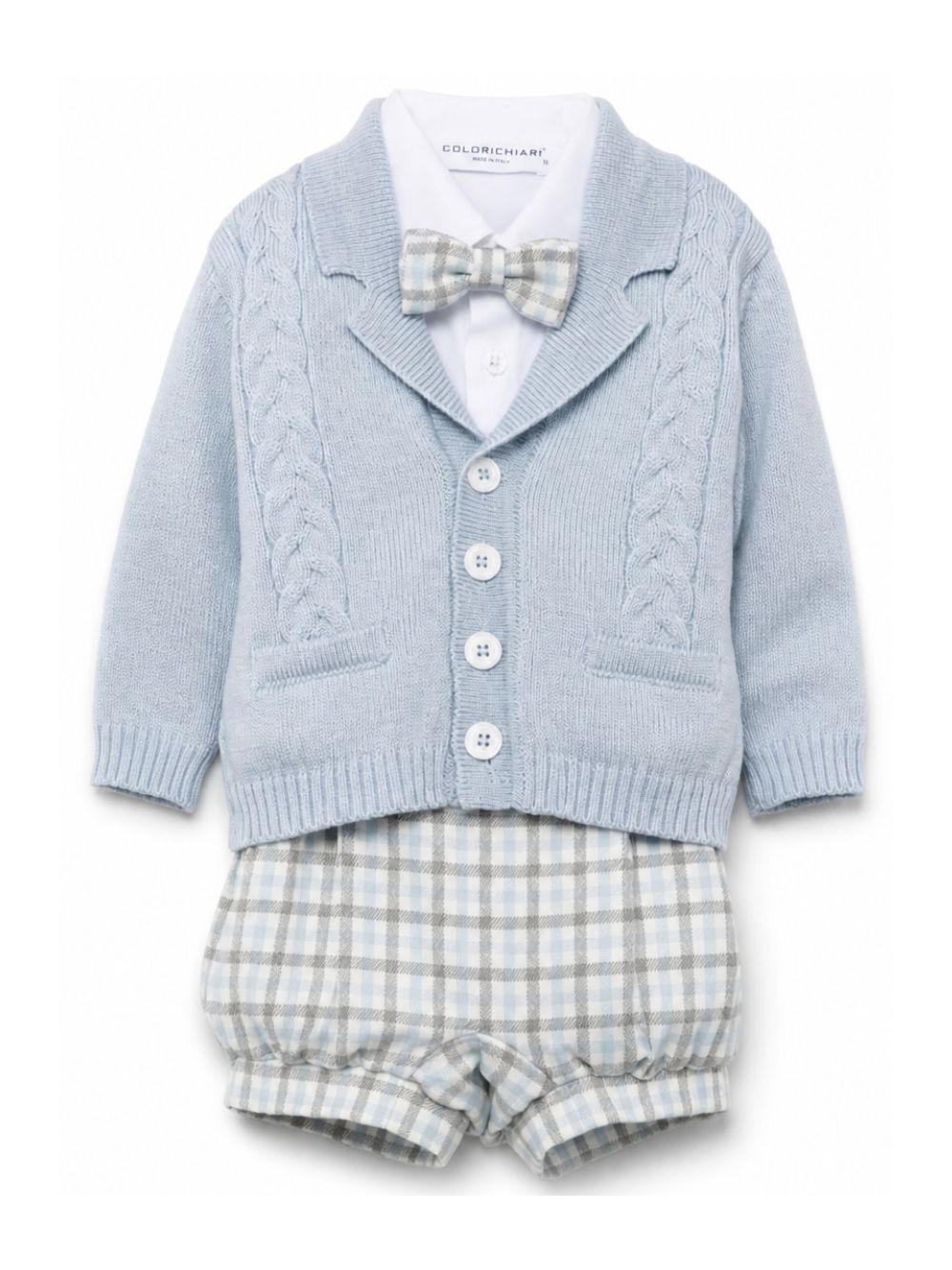 Set cardigan camicia shorts e papillon per neonato Colorichiari azzurro con design a quadri MN408733 5010 51 COLORICHIARI KIDS 