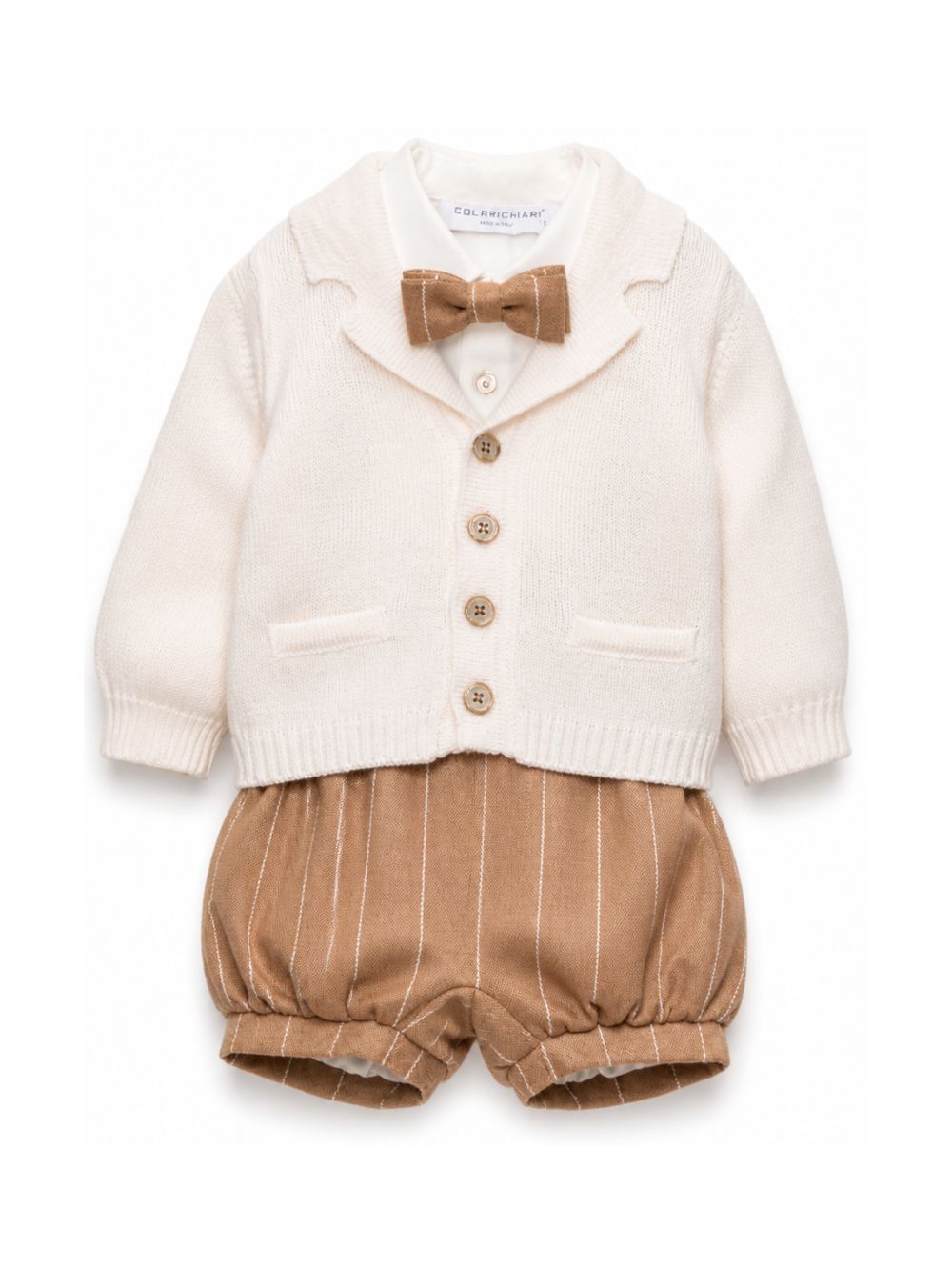Set cardigan salopette camicia e papillon per neonato Colorichari beige con motivo gessato MN408740 5018e 28 COLORICHIARI KIDS 