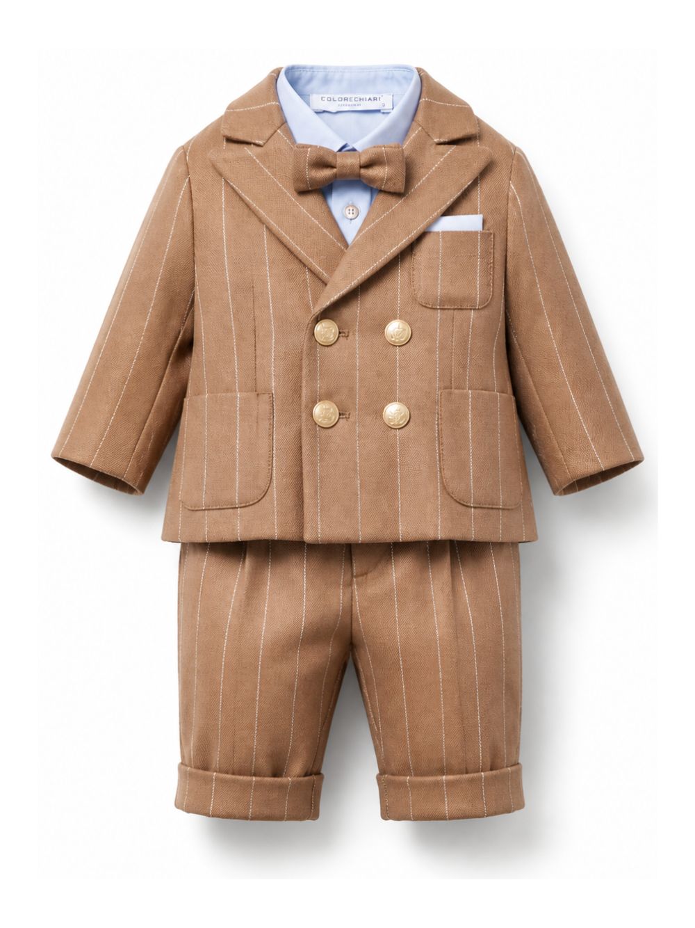 Set giacca camicia e pantaloni e papillon per neonato Colorichiari marrone con design gessato MN508737 5018a 28 COLORICHIARI KIDS 