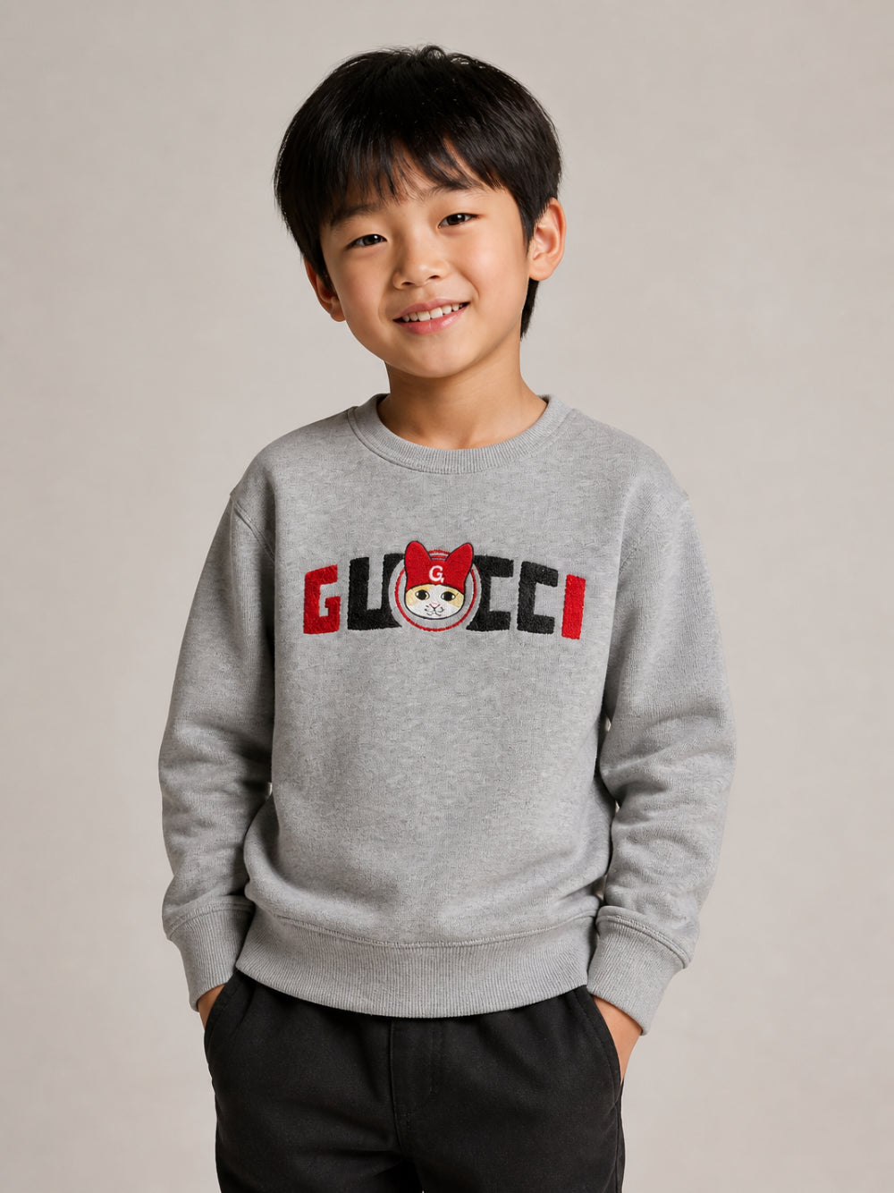 Felpa per bambini Gucci Kids grigia con stampa gatto sul davanti 855825XJHY2 1183 GUCCI KIDS 