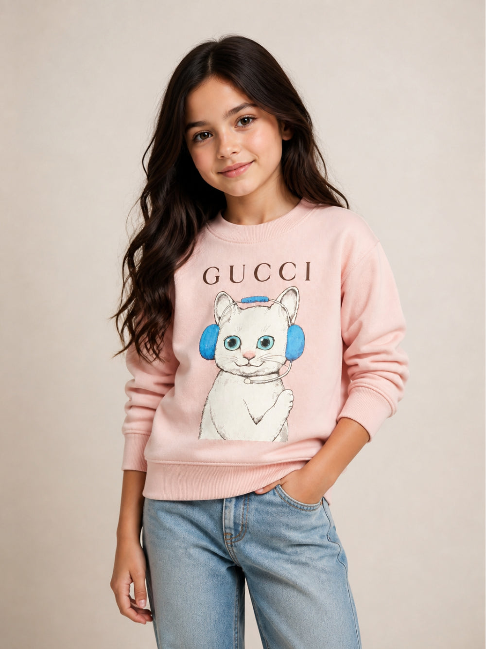 Felpa per bambina Gucci Kids rosa con stampa gatto 873824XJHY5 5967 GUCCI KIDS 