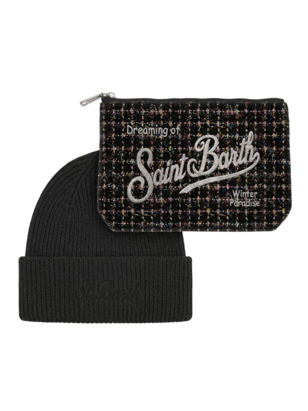 Christmas Box Pochette Aline e berretto MC2 St. Barth nera con logo sul davanti BOX0048 04510M MC2 ST. BARTH KIDS 