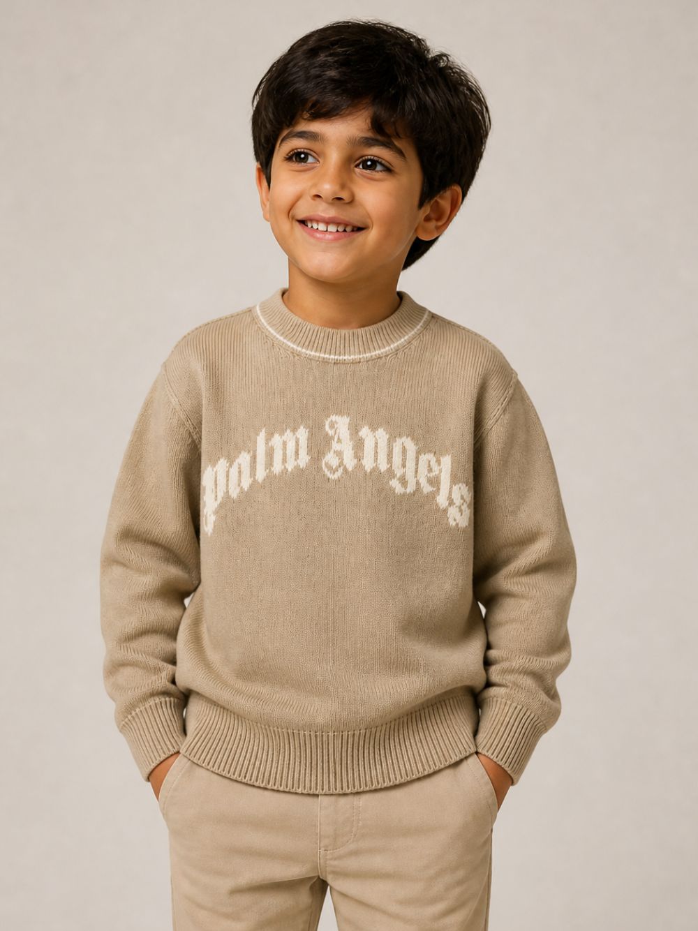 Maglione per bambino Palm Angels Kids beige con logo ricamato sul davanti F6PAJBJP146 1531 PALM ANGELS KIDS 