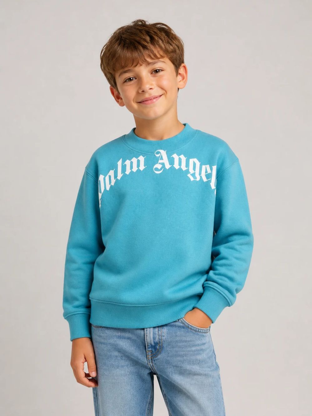 Felpa per bambino Palm Angels Kids azzurro con stampa logo sul davanti F6PAJBSW014 1527 PALM ANGELS KIDS 