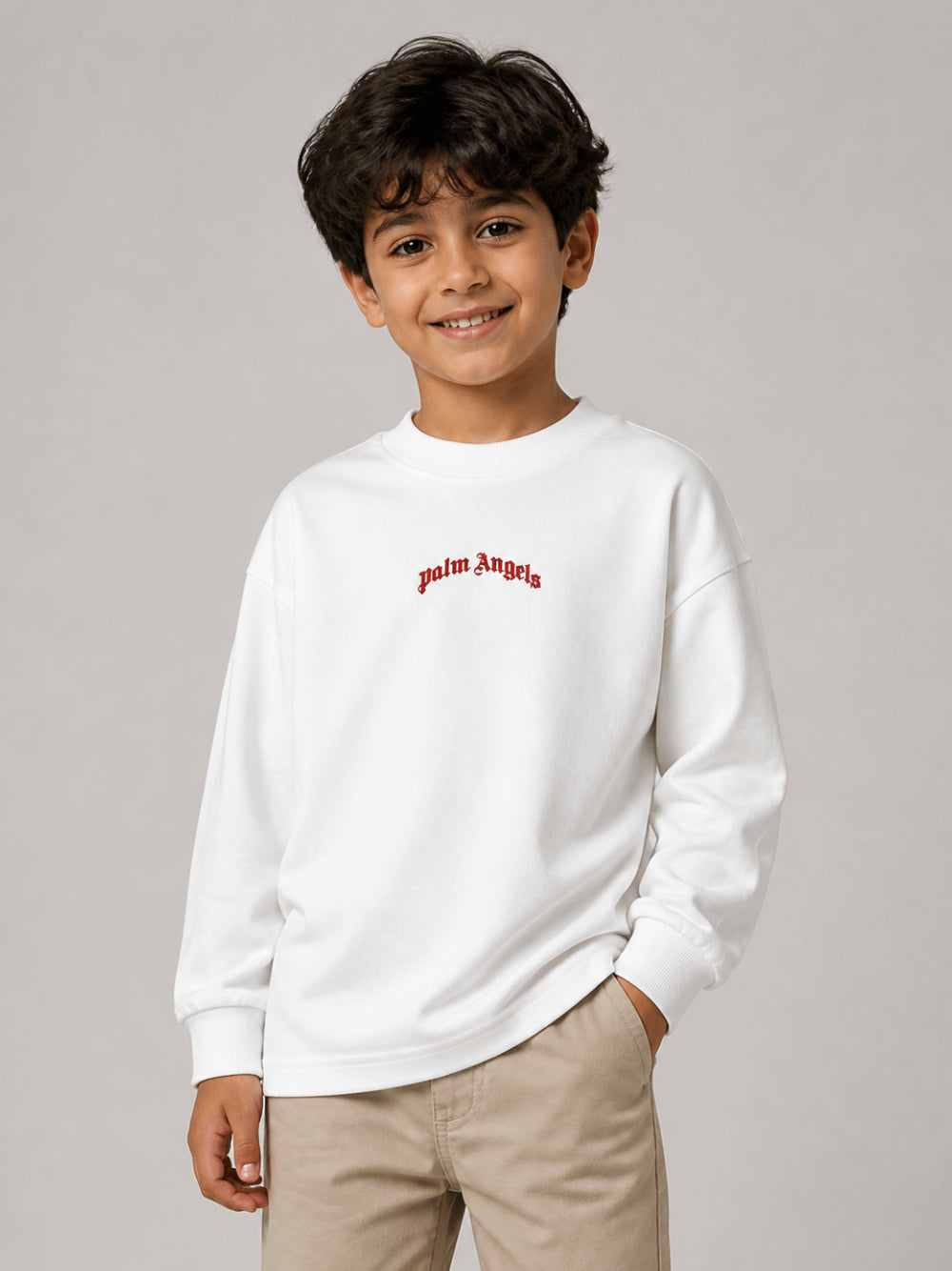 Felpa per bambino Palm Angels Kids bianca con logo sul davanti F6PAJBTH141 412 PALM ANGELS KIDS 