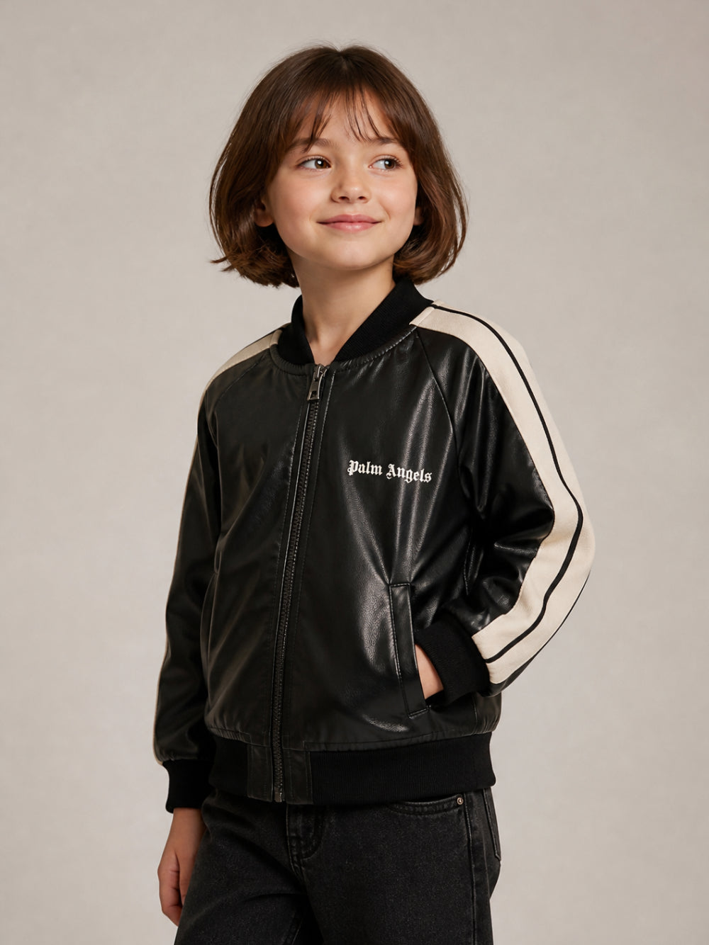 Giacca in pelle per bambina Palm Angels Kids nera con zip F6PAJGJK164 110 PALM ANGELS KIDS 