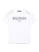 T-shirt con logo ricamato per bambina Balmain Kids bianco con orlo dritto BW8A21 Z0116 100OR BALMAIN KIDS 