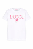 T-shirt per bambina Pucci Junior bianca con stampa logo sul davanti PY8B71 Z3672 100FU EMILIO PUCCI KIDS 