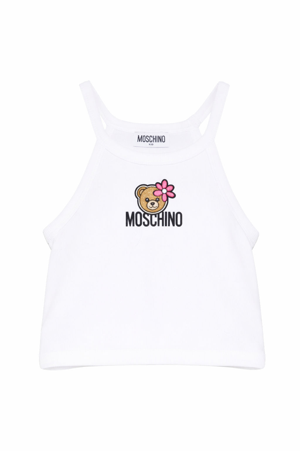 Top per bambina Moschino Kids bianca con stampa Teddy Bear  con fiore HDM06ZLBA39 10101 MOSCHINO KIDS 
