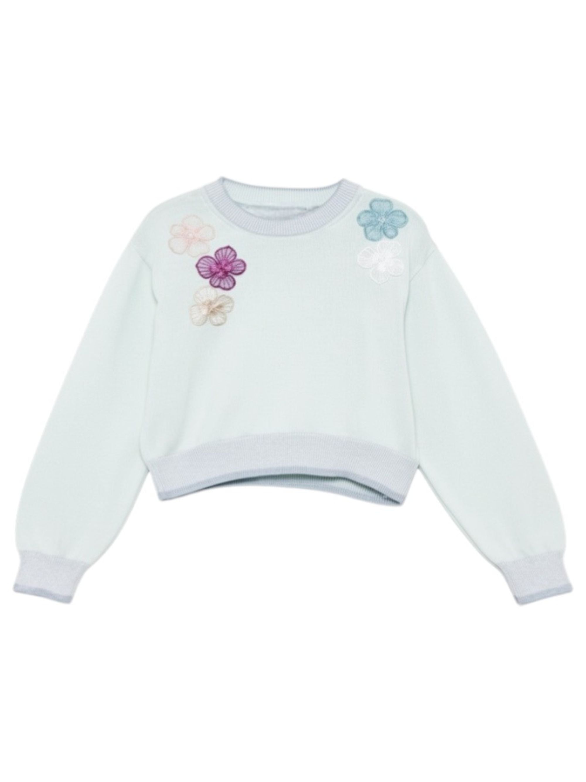 Maglione per bambina Simonetta azzurro con applicazioni floreali SY9A20 X0018 700 SIMONETTA KIDS 
