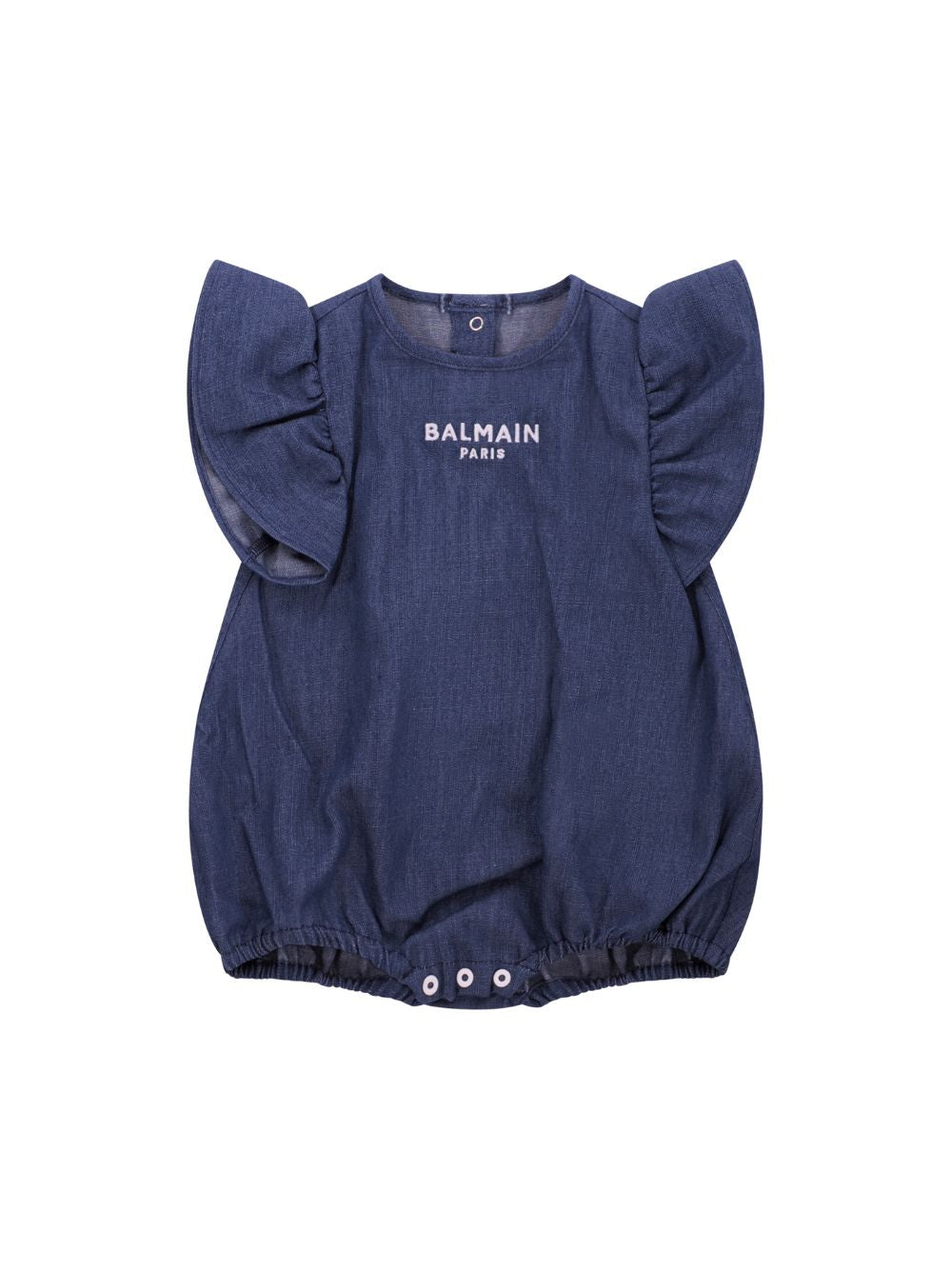 Tutina per neonata Balmain Kids denim con maniche a ruches BYA032 P0588 625 BALMAIN KIDS 